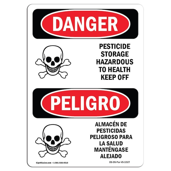Safety Sign, OSHA Danger, 5" Height, Pesticide Storage Hazardous Spanish, 10PK